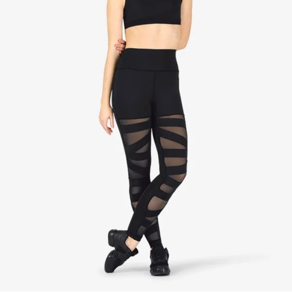 Natalie Active Crisscross Strappy Black Mesh Compression Leggings - Large